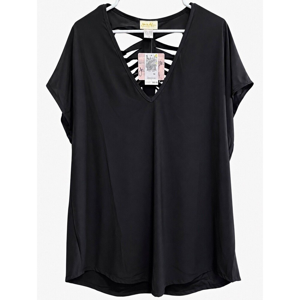 Jordan Taylor Women’s Plus 1X Black Solid V-Neck Strappy Back Blouse Top